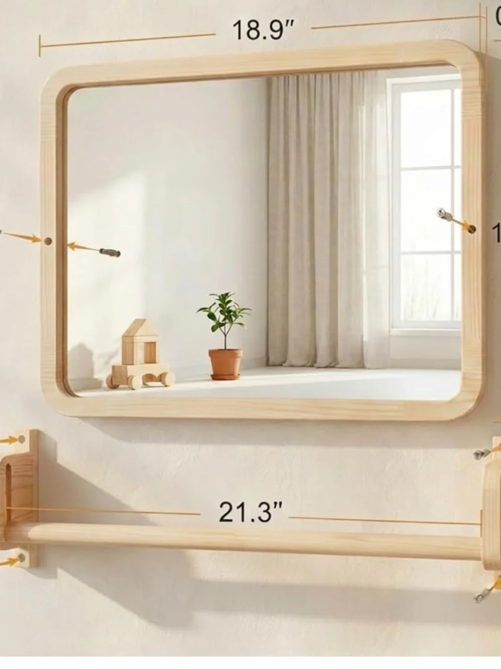 Wall-Mounted Natural Wood Vanity Mirror with Safety Rail - Light Beige